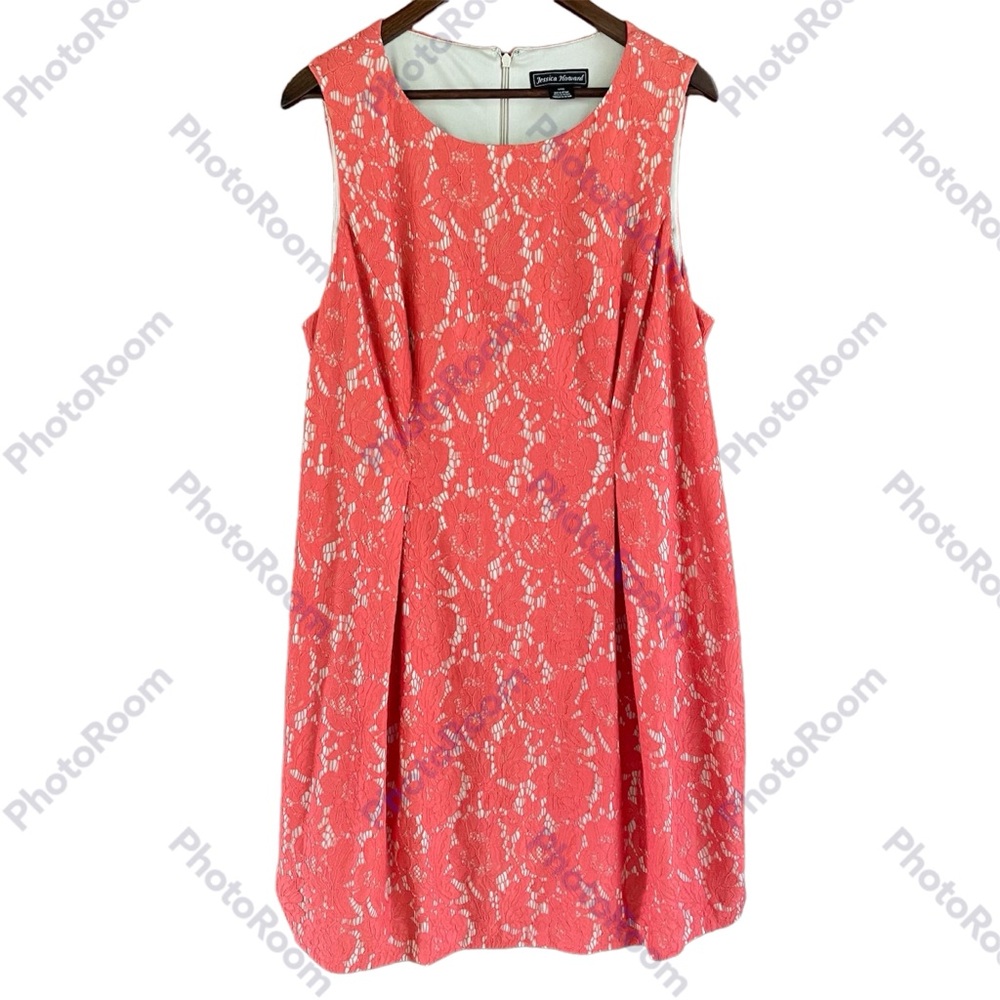 Jessica Howard Dress 14W, Coral Lace W/ Beige Lining, Fit & Flare, Sleeveless